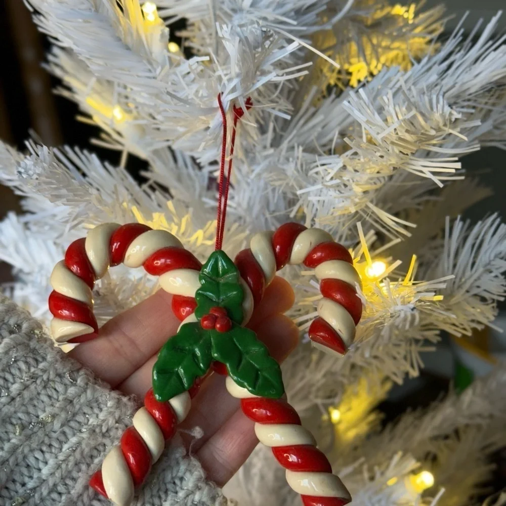 Vintage 1984 Festive Candy Cane Ornament with Holly Accents